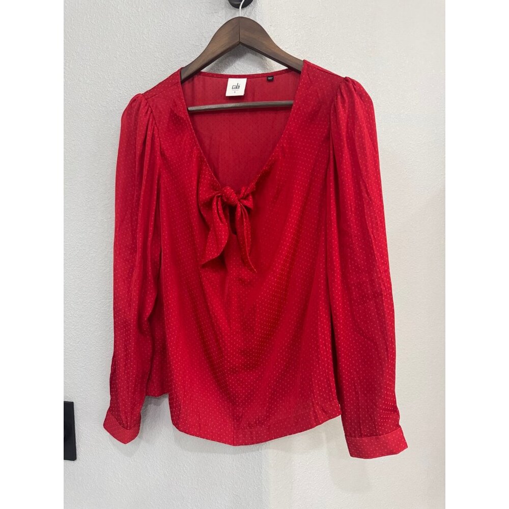 Cabi Women's Front Knot Dots Print Satin Blouse Top Long Sleeve Red Size S